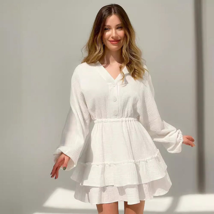 Damen lässiges Babydoll Kleid mit Knopfdetails und voluminösen Ärmeln Drune