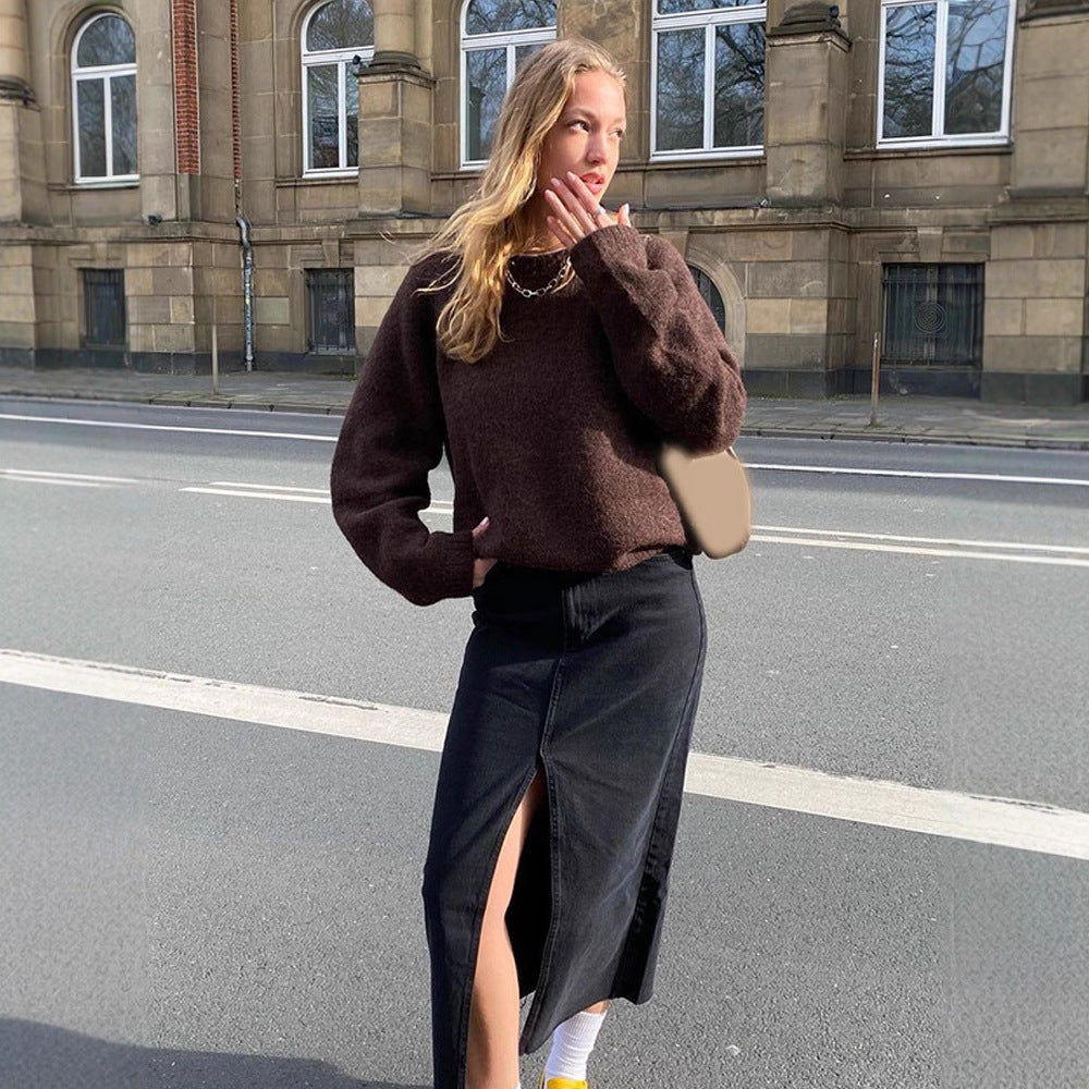 Damen Denim-Midirock mit hoher Taille, Frontschlitz und geradem Schnitt Drune