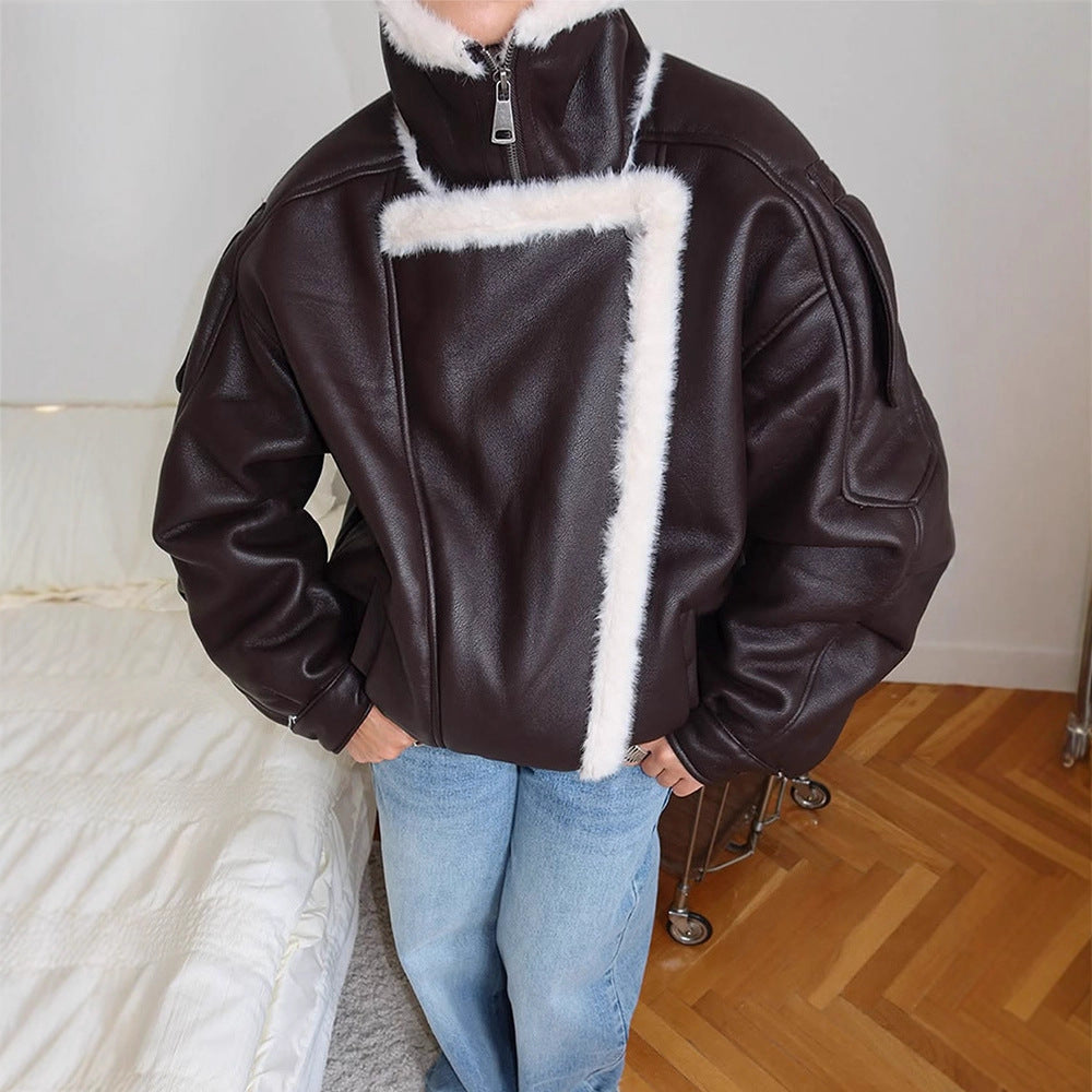 Damen Oversize Fliegerjacke aus Lederimitat mit asymmetrischer Kunstfell-Borte Drune