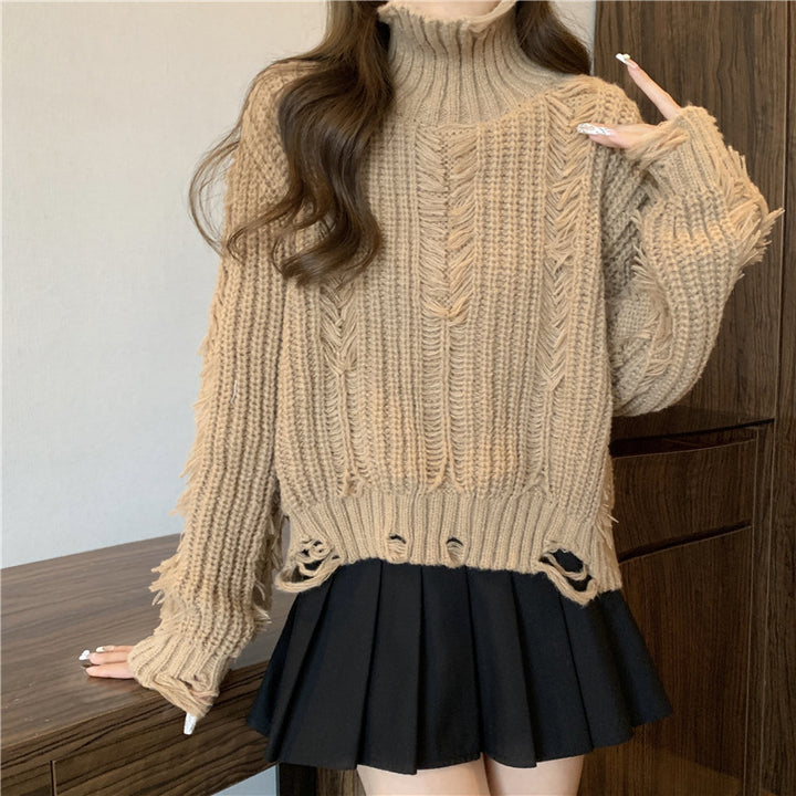 Damen Grobstrickpullover mit hohem Kragen und modernen Fransen Drune