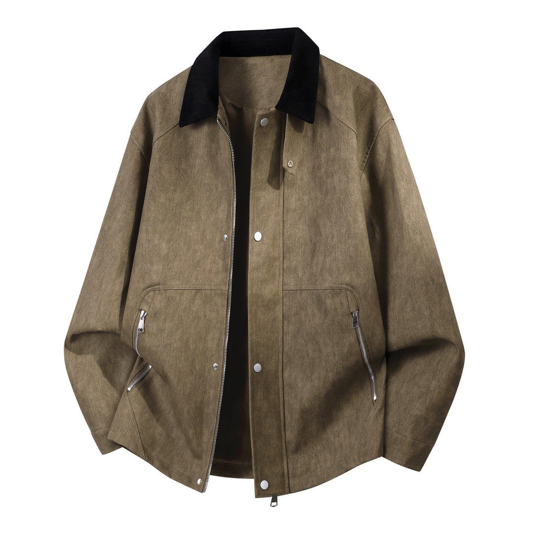 Herren Oversized Lederimitat-Harringtonjacke mit Cordkragen und verdecktem Zwei-Wege-Reißverschluss Drune