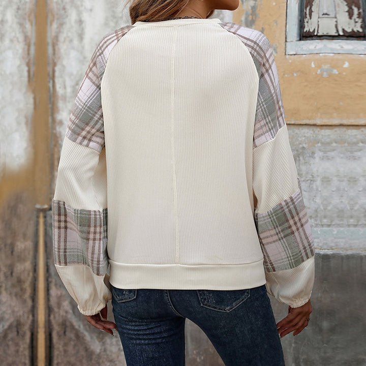 Damen Legeres Raglan-Sweatshirt mit karierten Ballonärmeln, Keyhole-Ausschnitt & gerafften Bündchen Drune