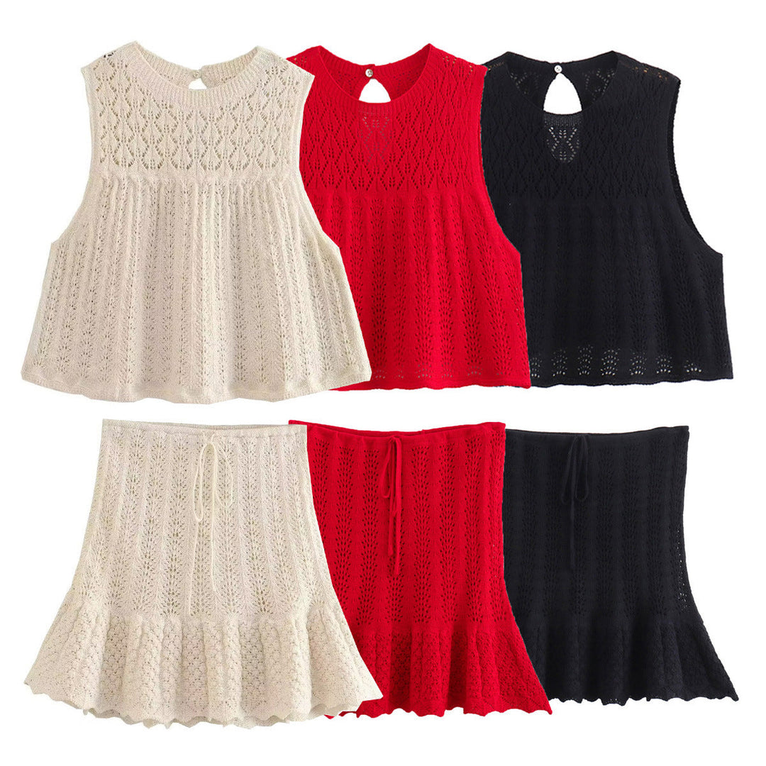 DruneMODE | Mode Lässig Strickweste Hohlschliff Top Strick Kurzer Rock Set