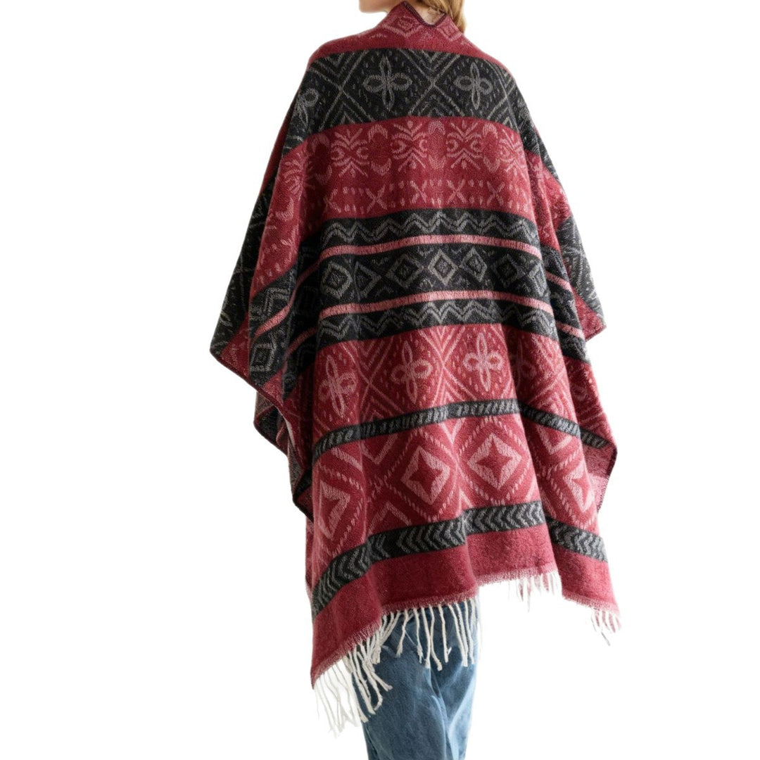 Damen Oversize-Cape mit eingewebtem Diamant-Jacquard, V‑Ausschnitt und Fransensaum Drune