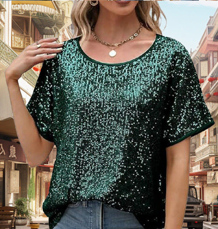 Damen Glitzernde Kurzarm-Bluse Drune