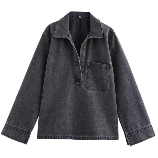 Damen 200+ Oversize Denim‑Hemdbluse mit V‑Ausschnitt und Brusttasche Drune