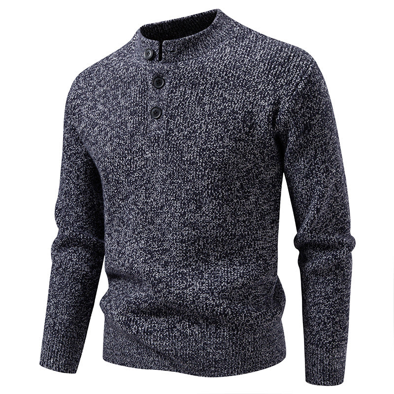 Herren Feinstrick-Henleypullover mit kurzem Stehkragen, Knopfleiste und Rippbündchen Drune
