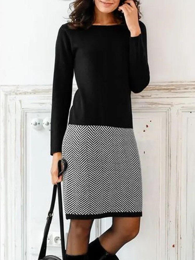 Elegantes Damen Strickkleid mit Chevron-Muster für Alltag & Büro | Drune