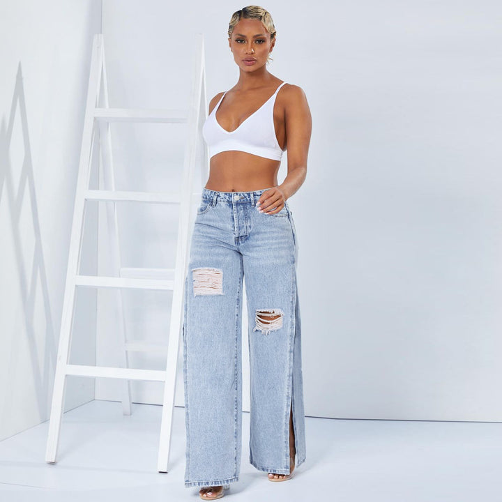 Damen weite High-Waist-Jeans mit seitlichen Beinschlitzen, Destroyed-Knie und formendem Bund Drune