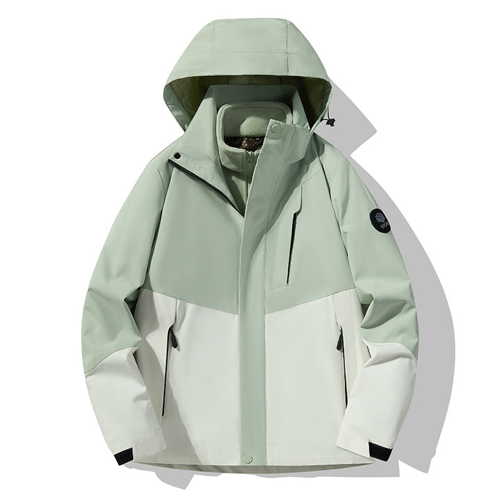 Herren dreilagige atmungsaktive Softshell-Trekkingjacke mit integriertem Fleecekragen und verstellbarer Kapuze Drune