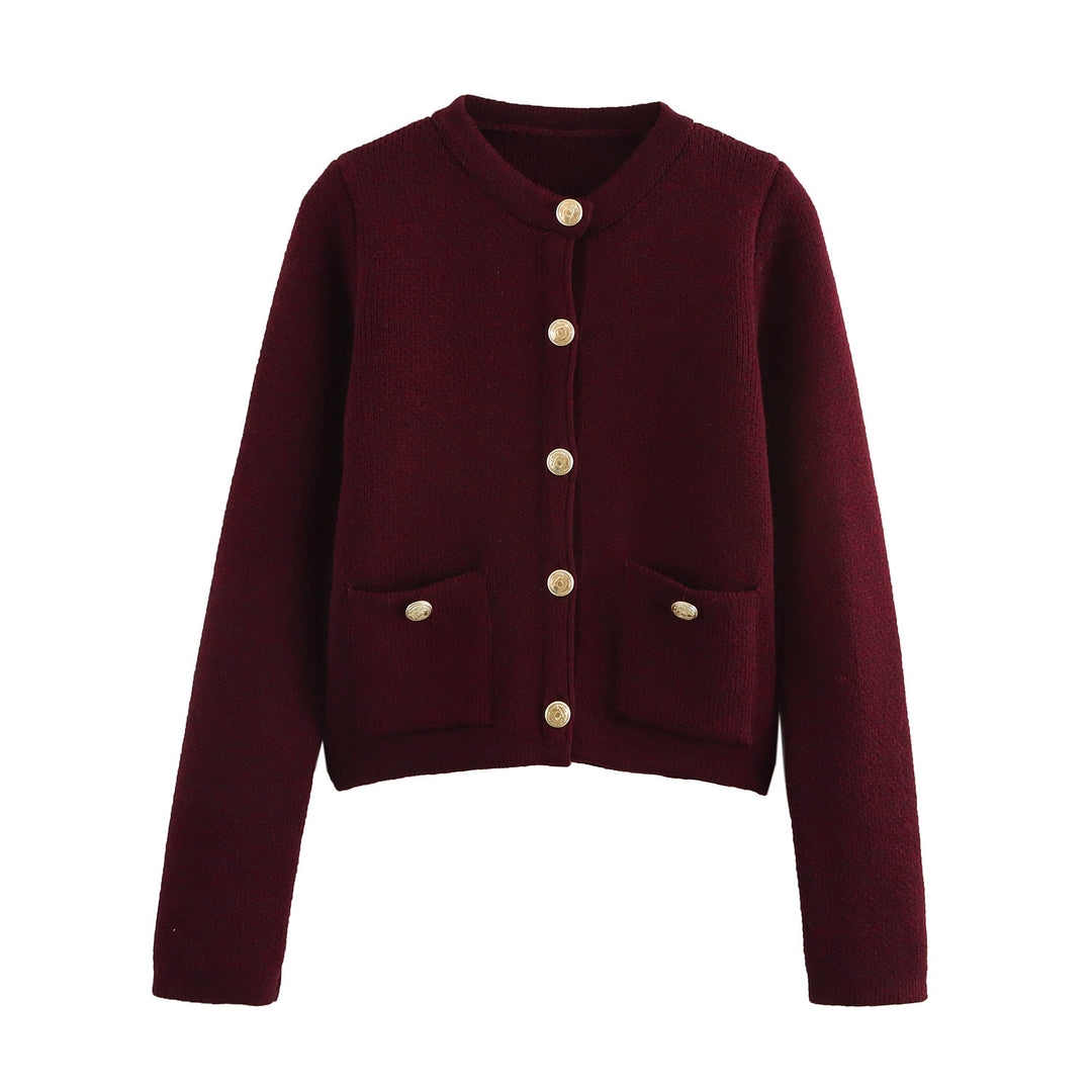 Damen Kurzgeschnittener Bouclé-Cardigan mit Rundhals, Pattentaschen und Münzknöpfen Drune