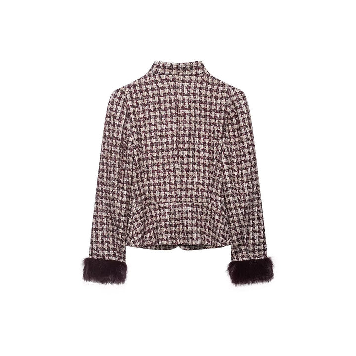 Damen Bouclé-Tweed Jacke mit Stehkragen und Kunstpelzmanschetten Drune