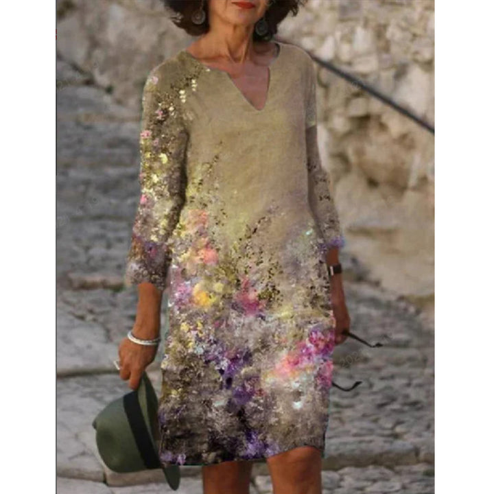 Damen Sommerkleid mit V-Ausschnitt und buntem Grafikdesign Drune