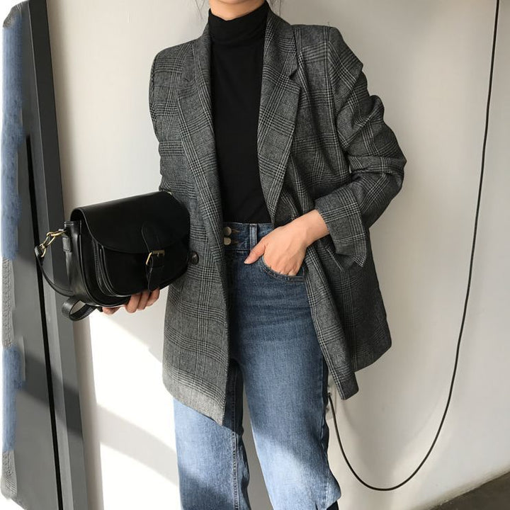 Damen Eleganter karierter Blazer mit doppelter Knopfleiste Drune