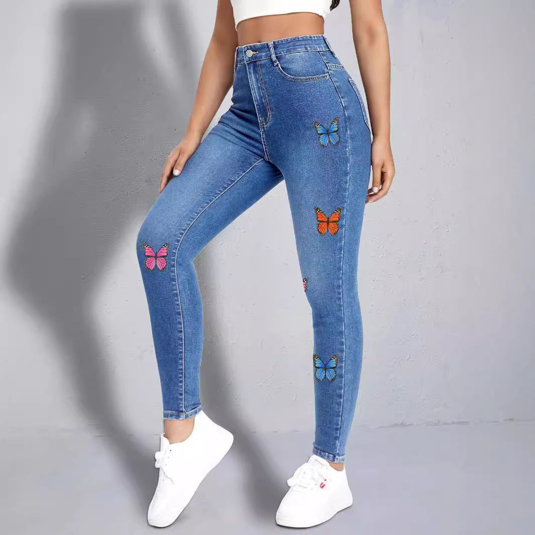Damen enganliegende High‑Waist Jeansleggings mit buntem Schmetterling-Print Drune