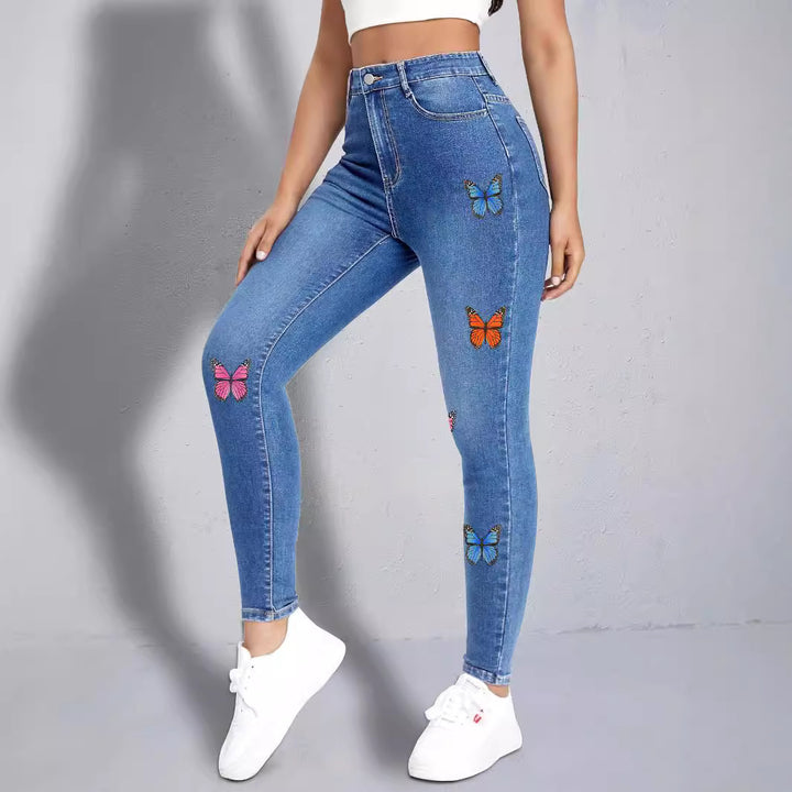 Damen enganliegende High‑Waist Jeansleggings mit buntem Schmetterling-Print Drune