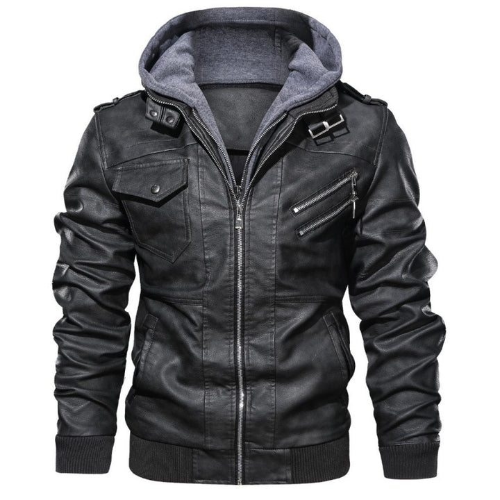 Herren nan Lederjacke mit Kapuze, Vintage-Bikerlook und mehreren Reißverschlusstaschen Drune