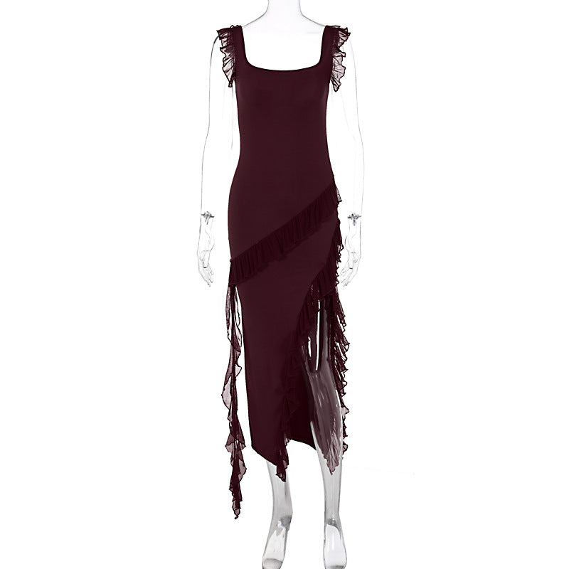 Damen asymmetrisches Maxi-Kleid mit Rüschendetails und hohem Schlitz Drune