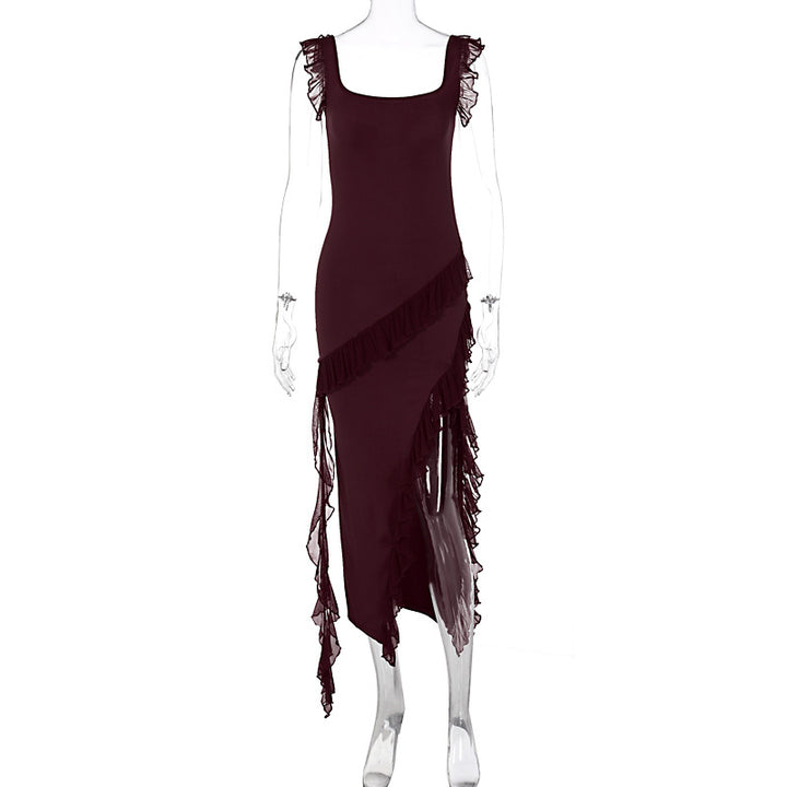 Damen asymmetrisches Maxi-Kleid mit Rüschendetails und hohem Schlitz Drune