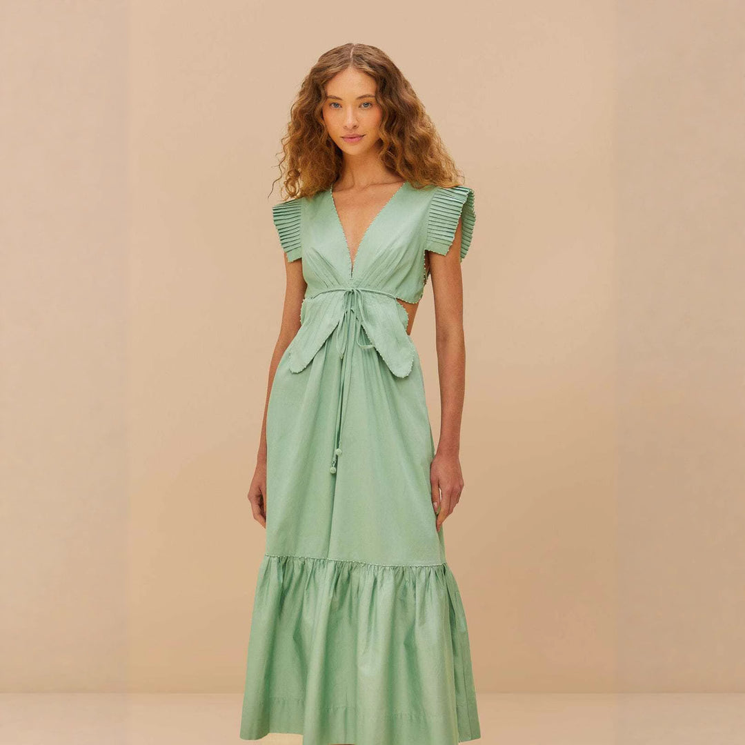 Damen Maxikleid mit hoch geschnittenen Rüschenärmeln und verstellbarem Taillenbund Drune