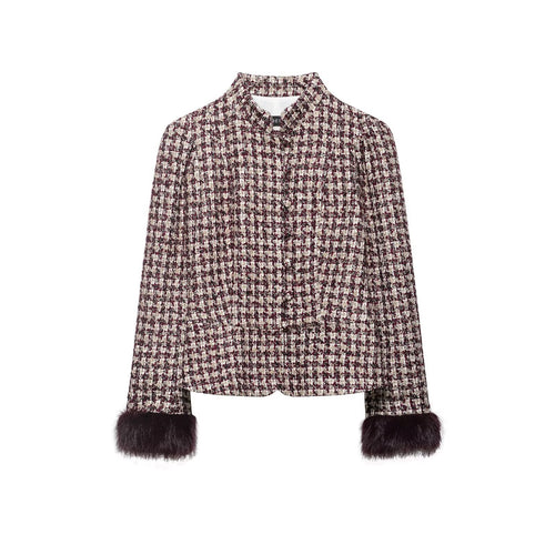 Damen Bouclé-Tweed Jacke mit Stehkragen und Kunstpelzmanschetten Drune