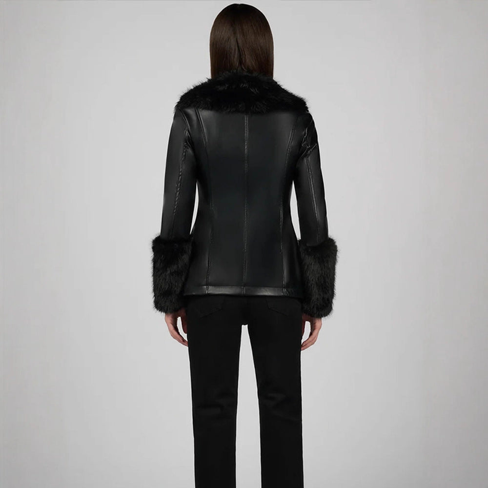 Damen Taillierter Lederimitat-Midimantel mit Wiener Nähten, voluminösem Faux‑Fur‑Schalkragen & Fellmanschetten Drune