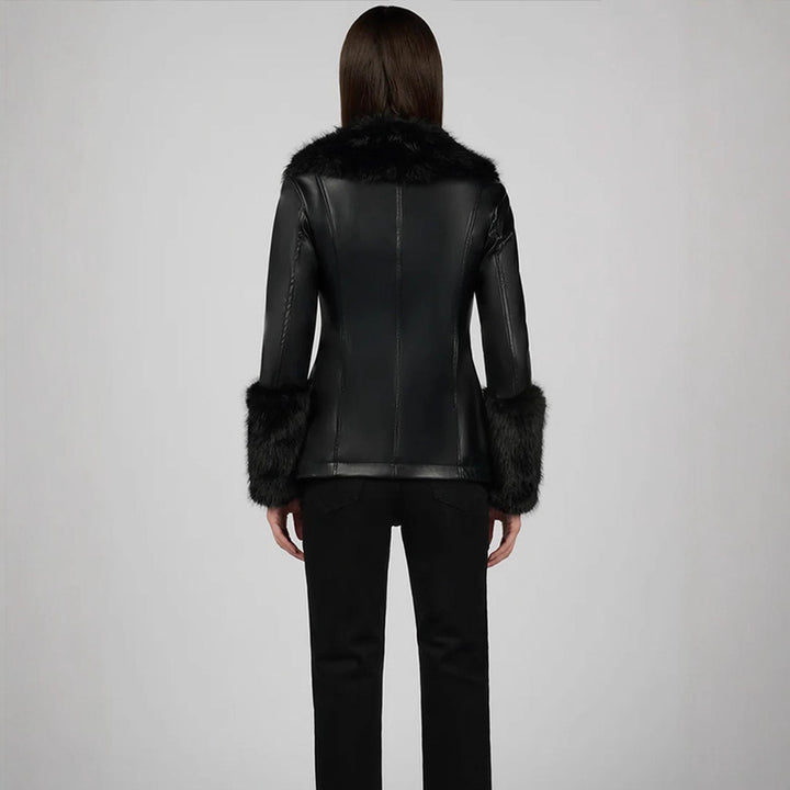Damen Taillierter Lederimitat-Midimantel mit Wiener Nähten, voluminösem Faux‑Fur‑Schalkragen & Fellmanschetten Drune