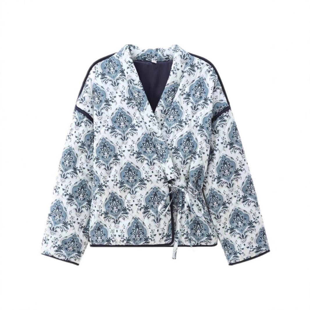 Damen elegante Jacquard-Jacke mit Bindegürtel und luxuriösem Muster Drune