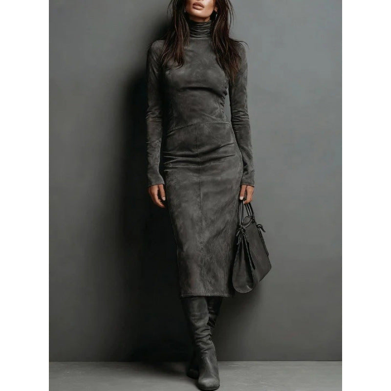 Damen Tailliertes Midi Kleid im Samt-Look mit Rollkragen und maßgeschneiderter Silhouette Drune