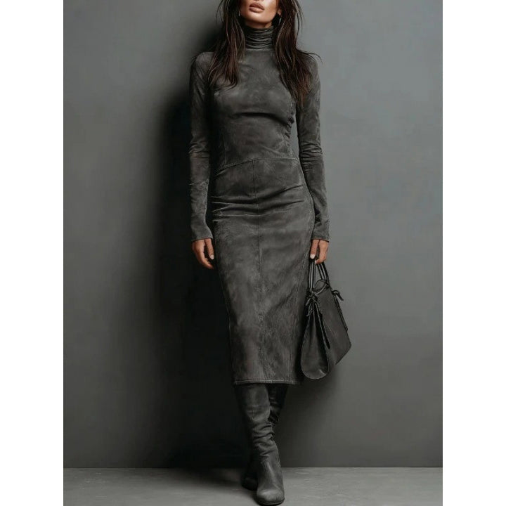 Damen Tailliertes Midi Kleid im Samt-Look mit Rollkragen und maßgeschneiderter Silhouette Drune