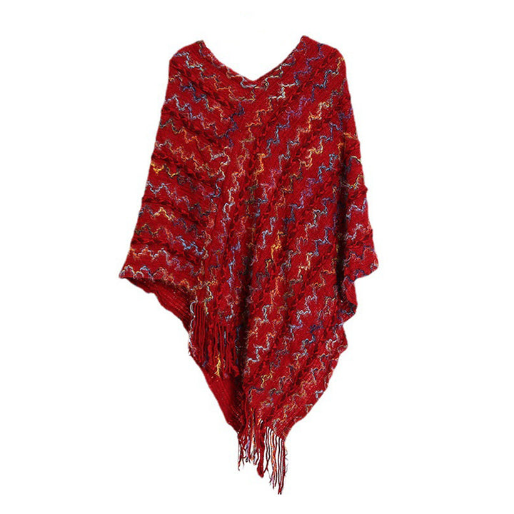 Damen Gestrickter V-Ausschnitt-Poncho mit Fransen und Strukturjacquard Drune