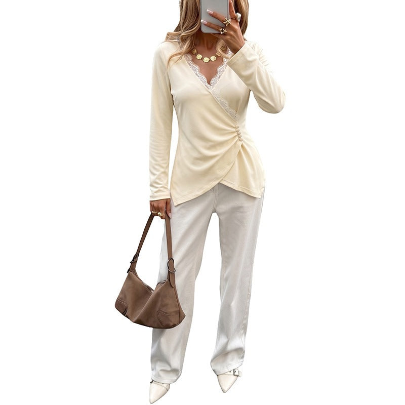 Damen Elegante Wickelbluse mit Spitzendetails Drune