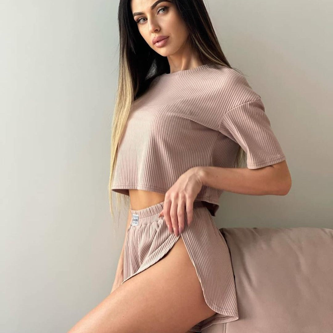 Damen lässiges Short-Pyjama-Set aus atmungsaktiver Rippstruktur Drune