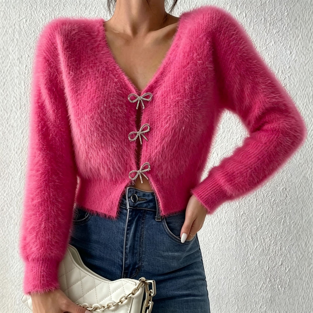 Damen Flauschiger Cropped-Cardigan mit V-Ausschnitt und Schleifen‑Verschlüssen Drune