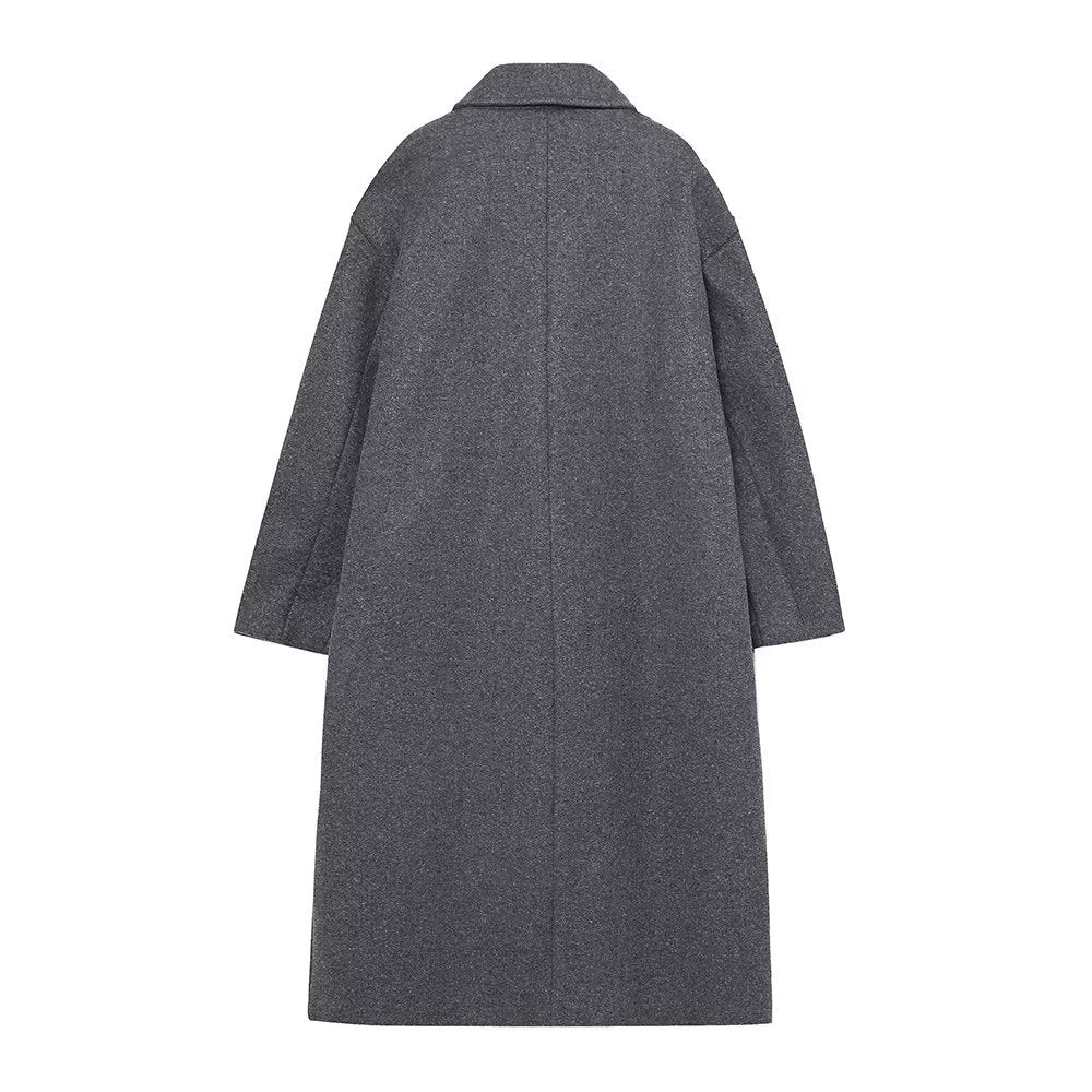 Damen nan lang geschnittener Boxy‑Mantel mit doppelt geknöpfter Front, überlappendem Schalkragen und großzügigen Pattentaschen Drune