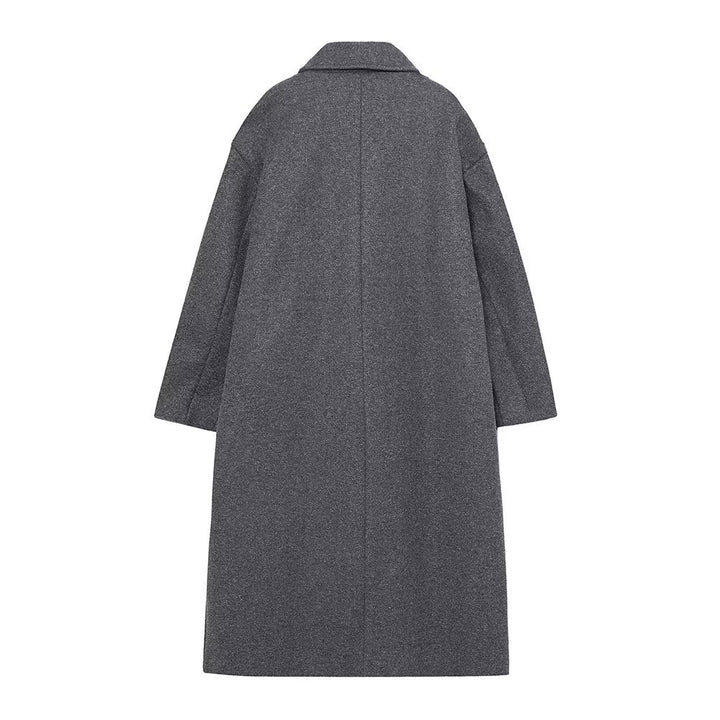 Damen nan lang geschnittener Boxy‑Mantel mit doppelt geknöpfter Front, überlappendem Schalkragen und großzügigen Pattentaschen Drune