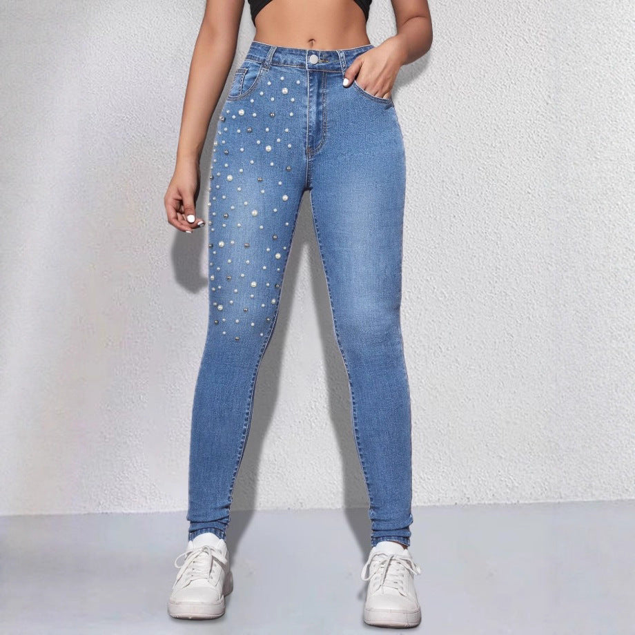 Damen Hochgeschnittene Sculpting-Skinny-Jeans mit asymmetrischem Perlenmuster Drune