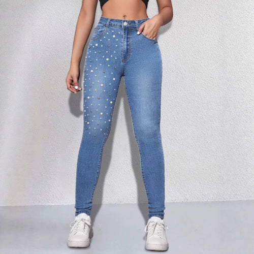 Damen Hochgeschnittene Sculpting-Skinny-Jeans mit asymmetrischem Perlenmuster Drune