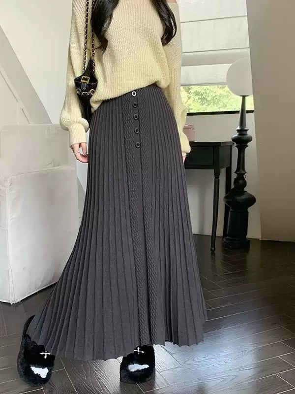 Damen Eleganter Plissee-Maxirock mit Knopfdetails Drune