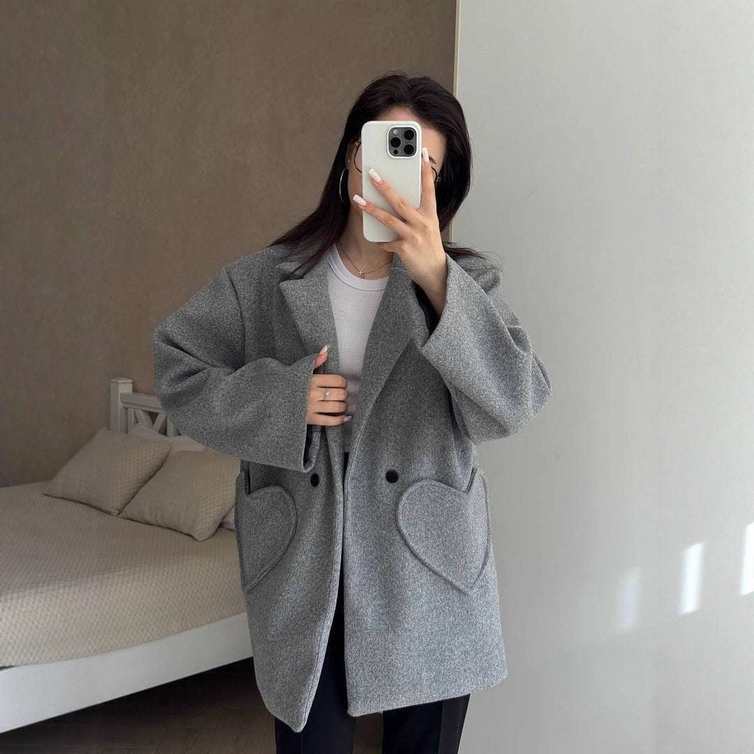 Damen Oversized Blazer-Mantel mit herzförmigen Taschen Drune