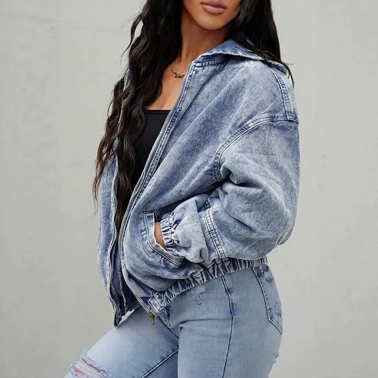 Damen Oversize Jeansjacke mit Kapuze, Reißverschluss und gerafftem Saum Drune