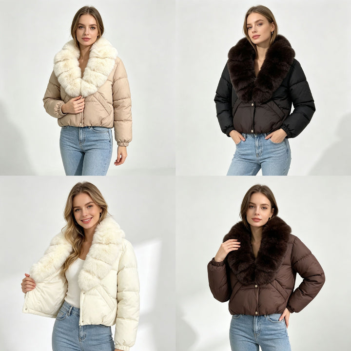 Damen nan kurze wattierte Cropped-Jacke mit extra voluminösem Kunstpelz-Schalkragen und elastischen Bündchen Drune