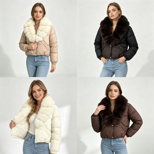 Damen nan kurze wattierte Cropped-Jacke mit extra voluminösem Kunstpelz-Schalkragen und elastischen Bündchen Drune