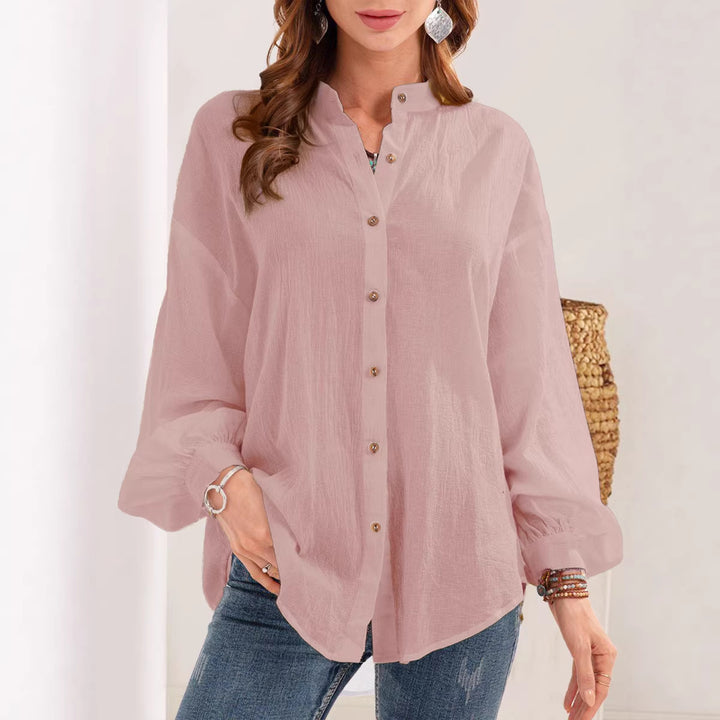 Damen Lose Crinkle Bluse Top mit Stehkragen und Ballonärmeln Drune