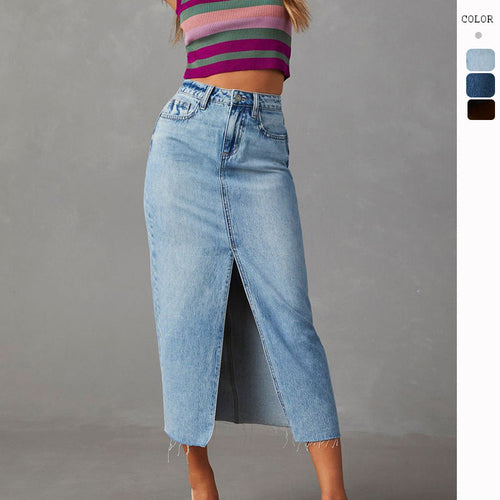 Damen Hoch geschnittenes Bleistiftkleid aus Jeans mit seitlichem Schlitz Drune
