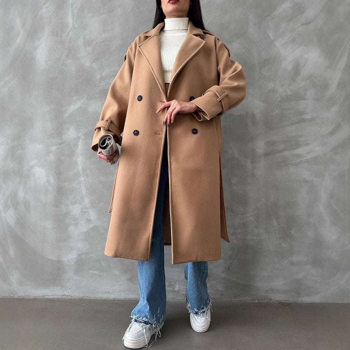 Damen Oversize Wollmix-Mantel mit doppelreihiger Knopfleiste und Taillengürtel Drune
