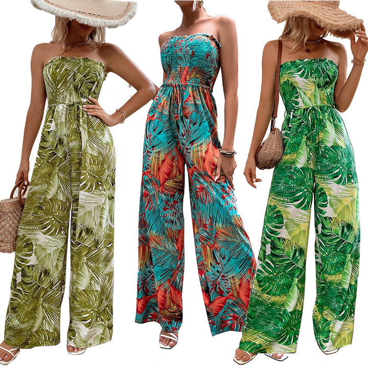 Damen Palazzo Jumpsuit mit floralen Mustern und elastischem Oberteil Drune