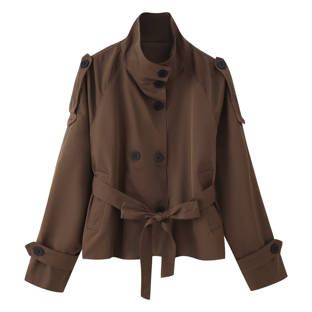Damen 400+ kurzer taillierter Trenchblouson mit Stehkragen, doppelreihiger Knopfleiste und Bindegürtel Drune