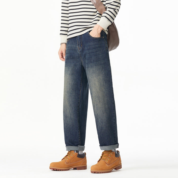 Herren Weite gerade geschnittene Denim-Jeans mit Used‑Wash und Umschlagbund Drune