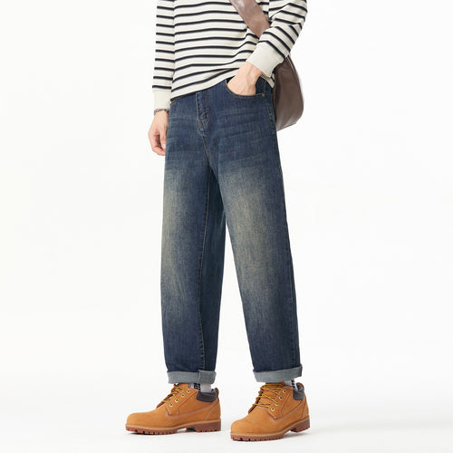 Herren Weite gerade geschnittene Denim-Jeans mit Used‑Wash und Umschlagbund Drune